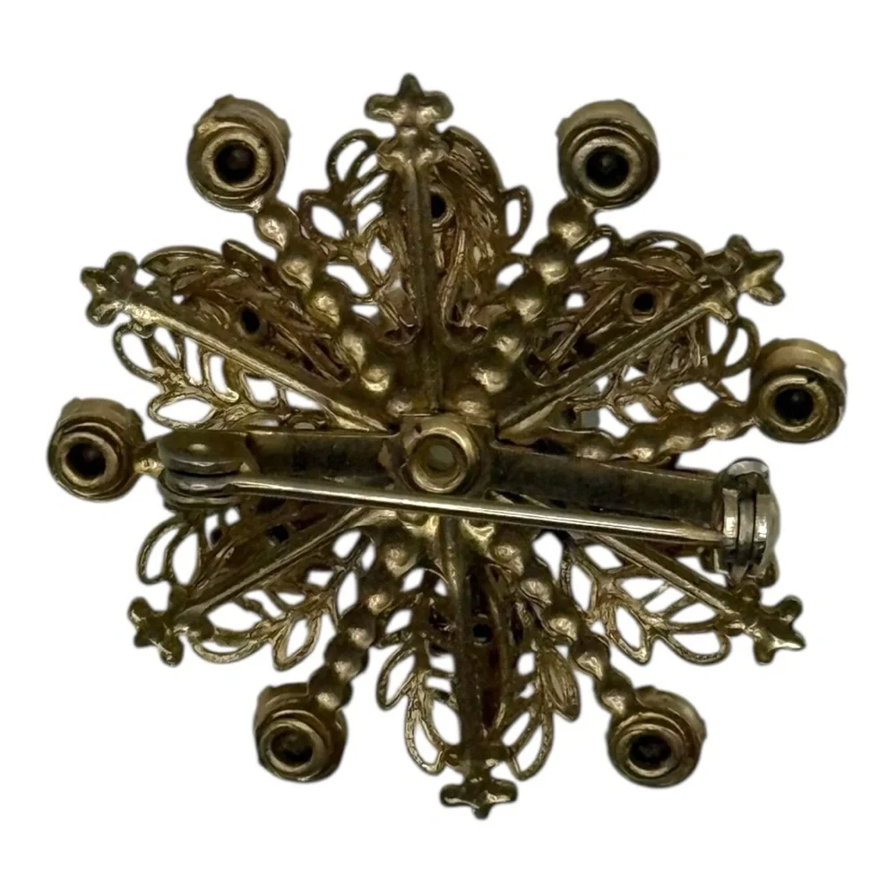 Gold Tone Filigree and Blue Crystals and faux pearl Brooch